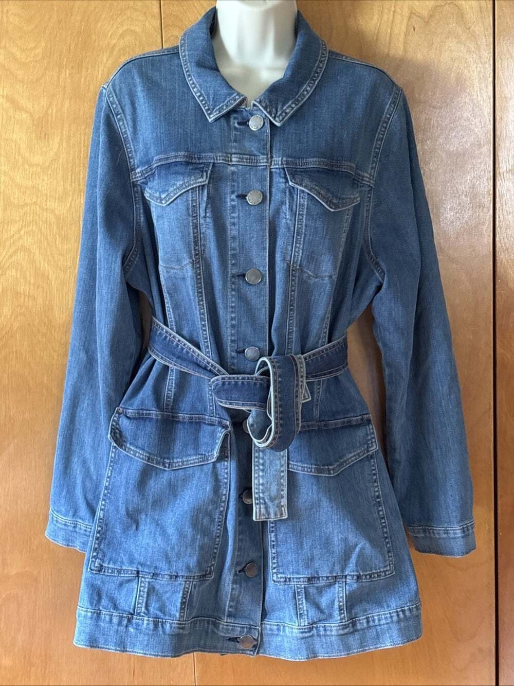 Lane Bryant Denim Long Jacket Button Up Tie Belt Pockets Women's Plus Size 18